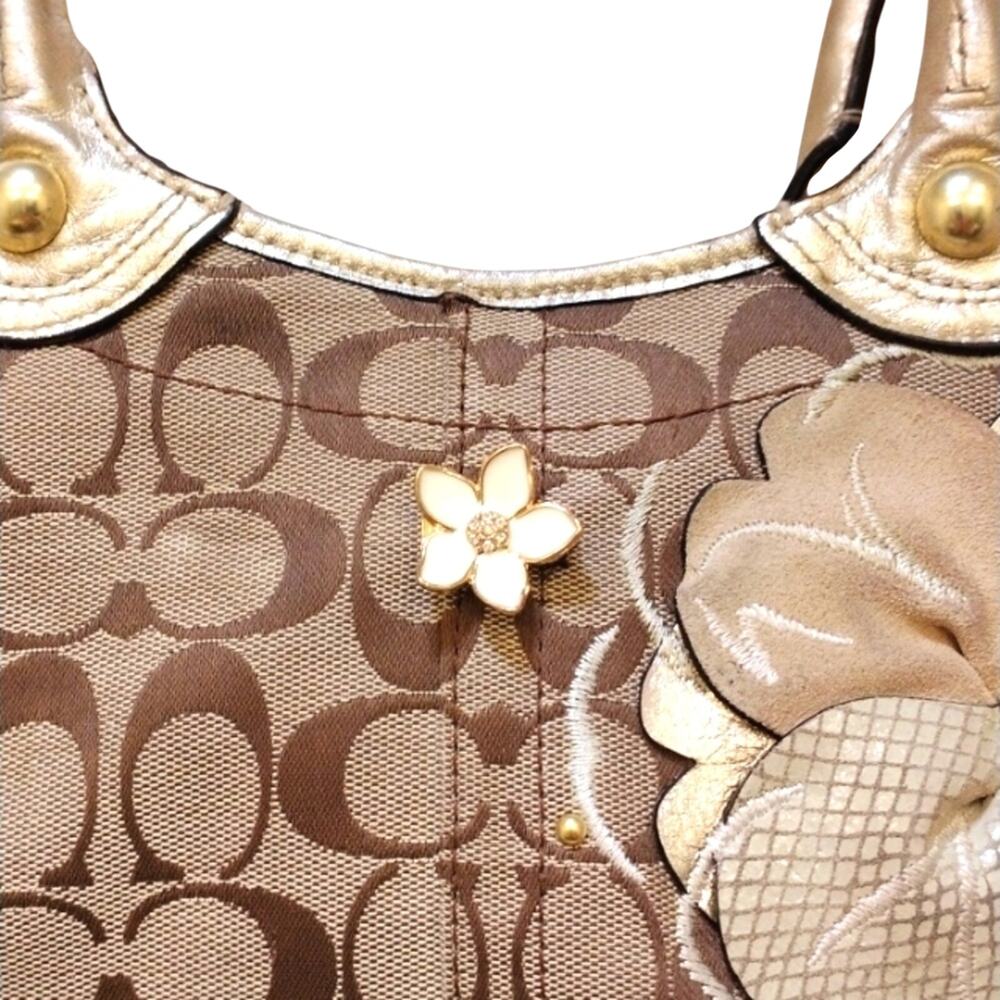 COACH Monogram Canvas Shoulder Bag Purse Large 16x9 GOLD Leather Flowers Handles - Picture 16 of 16